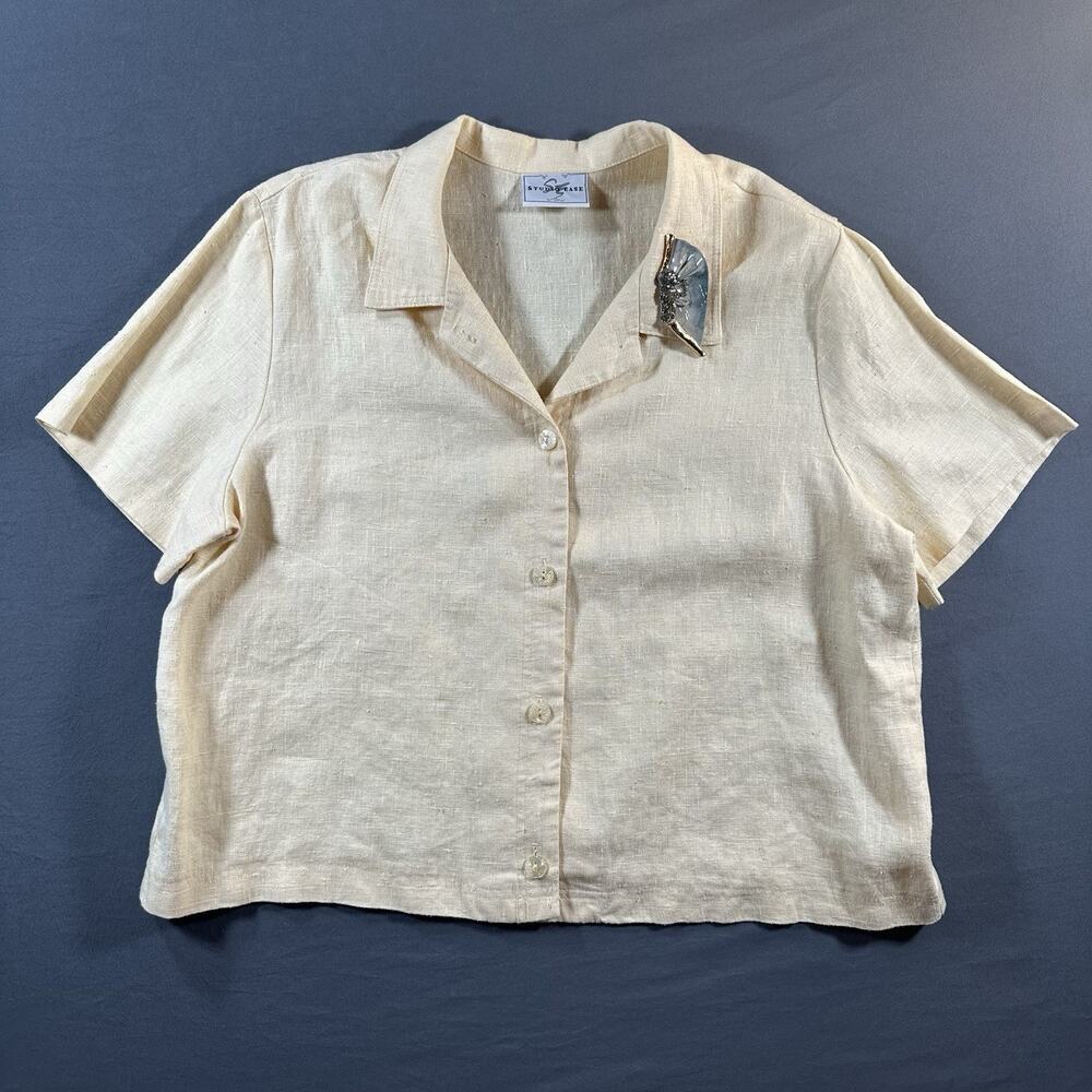 Studio Ease Yellow Linen Collared Button Front Short Sleeve Blouse